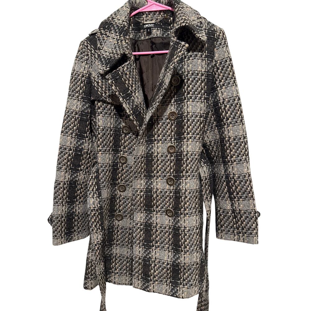 DKNY Women’s Size 8 Brown Gray Plaid Wool Blend Double Breasted Coat
